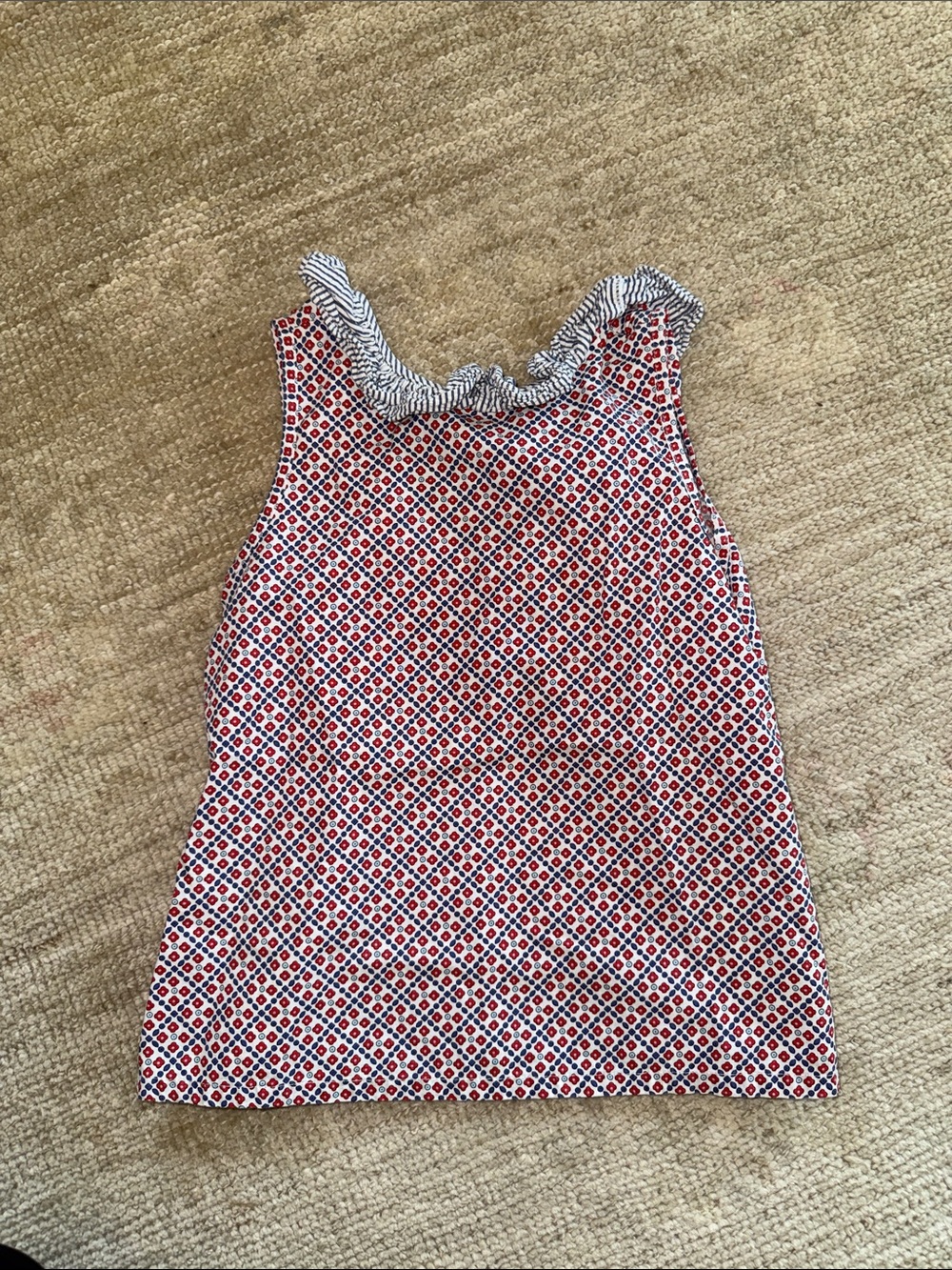 Bella Bliss Red & Navy Geometric Sleeveless Ruffle Neck Top